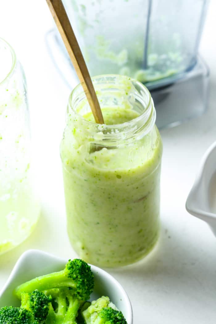 Broccoli smoothie in jar.