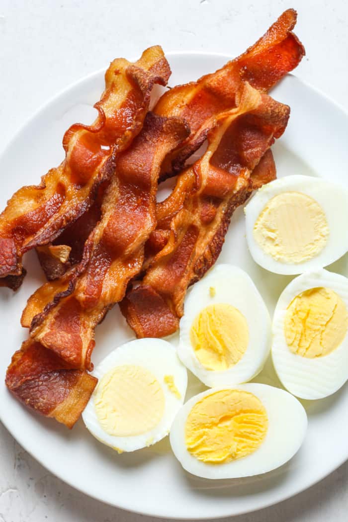 Bacon with air fryer hard boiled eggs.