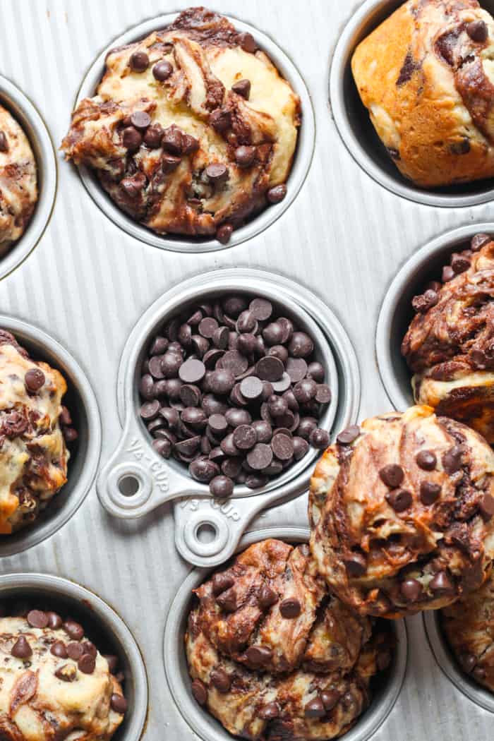 Muffin pan with mini chocolate chips.