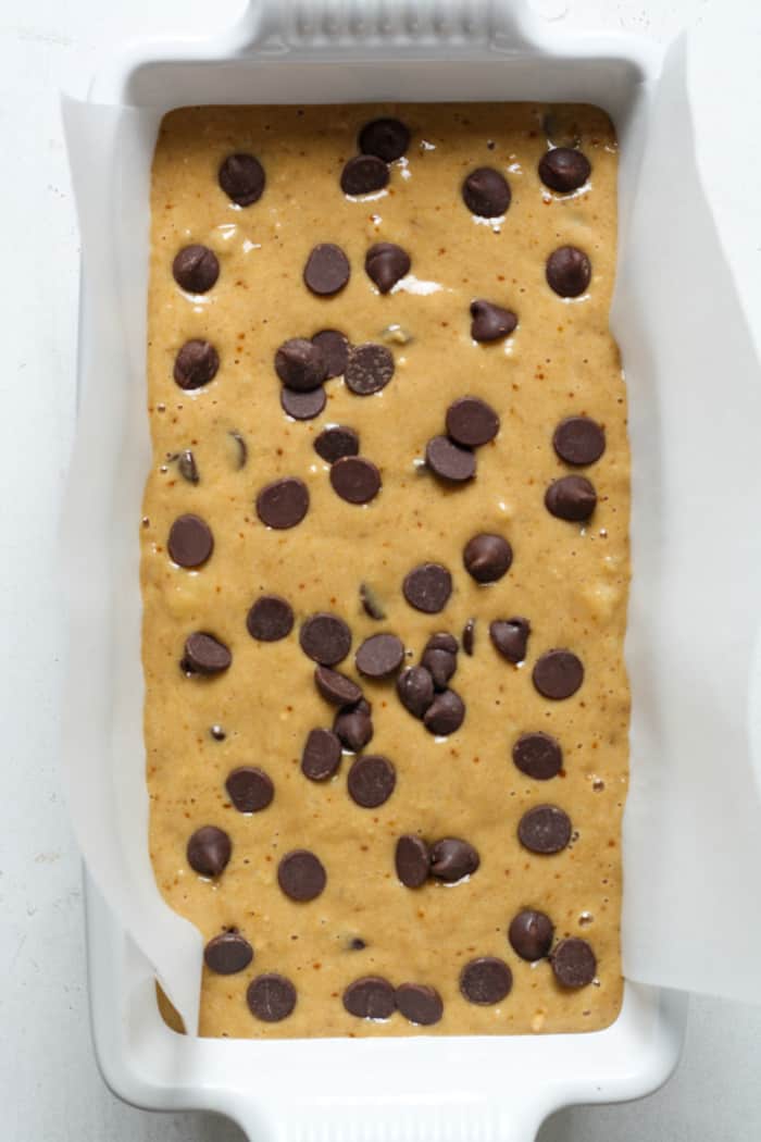Raw bread batter with chocolate chips.