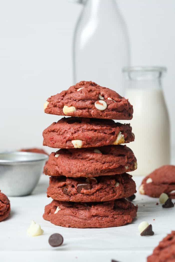 Stack of red velvet cookies.