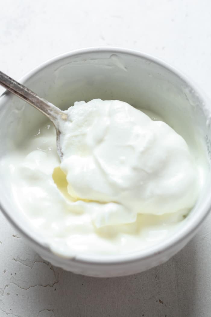 Dairy free sour cream in bowl.