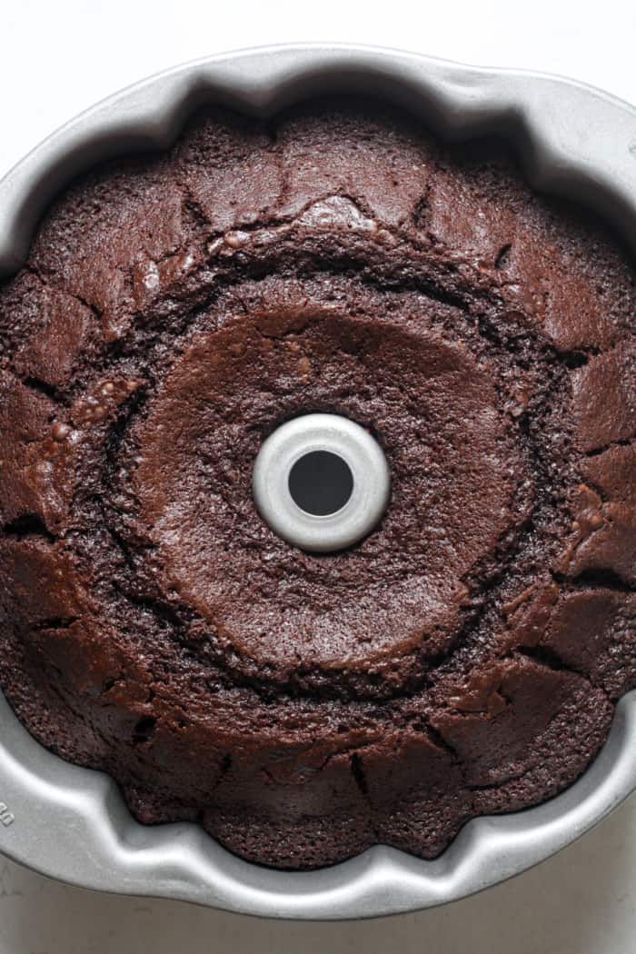 Bundt pan with chocolate cake.