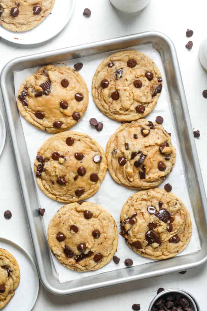 Gooey cookies on pan.
