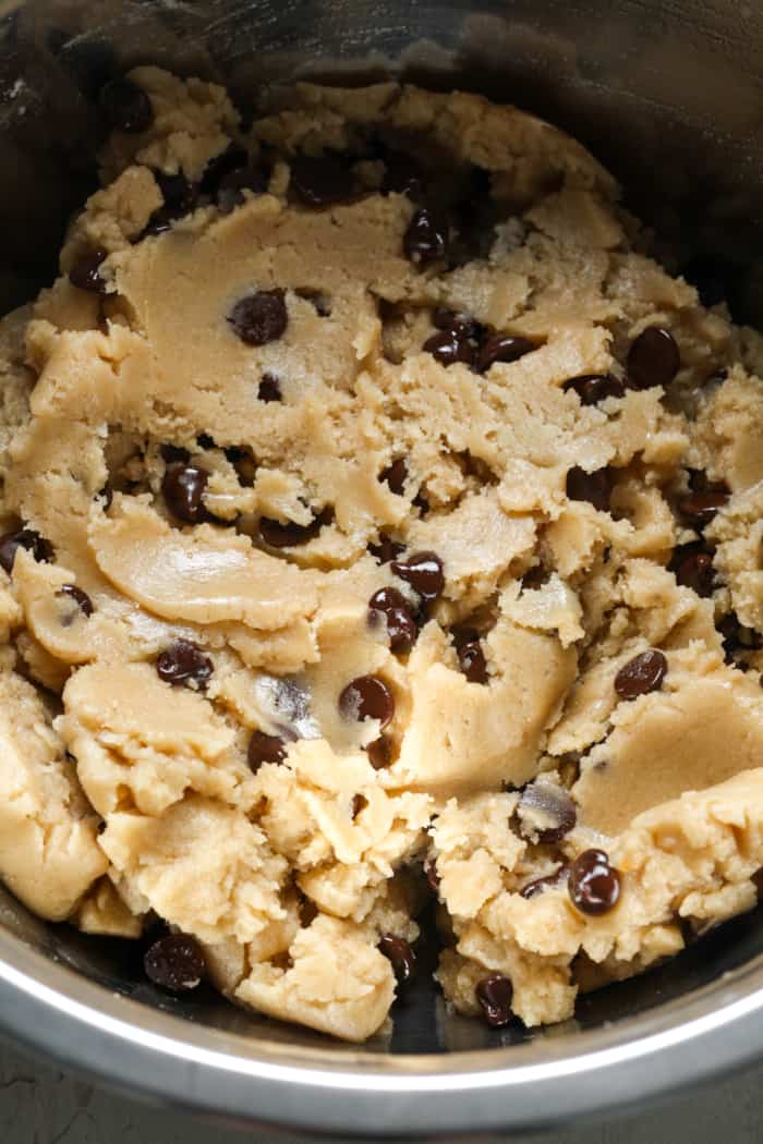 Vegan cookie dough in bowl.