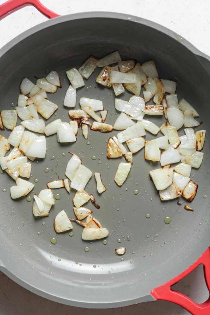 Chopped onions in skillet.