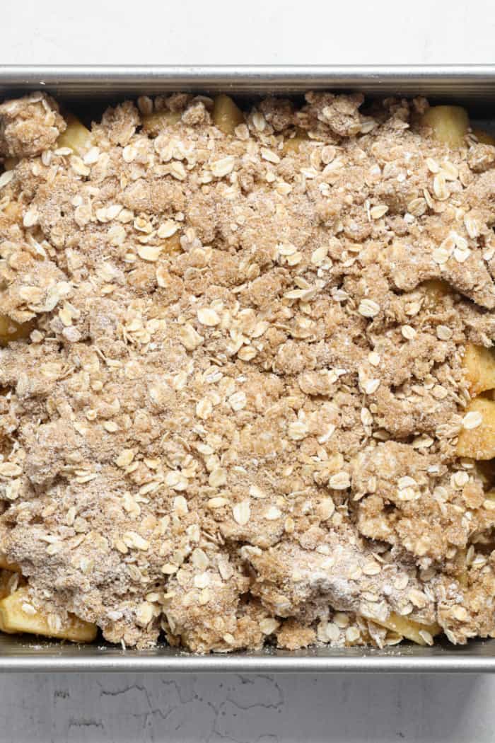 Crumbly topping in pan.