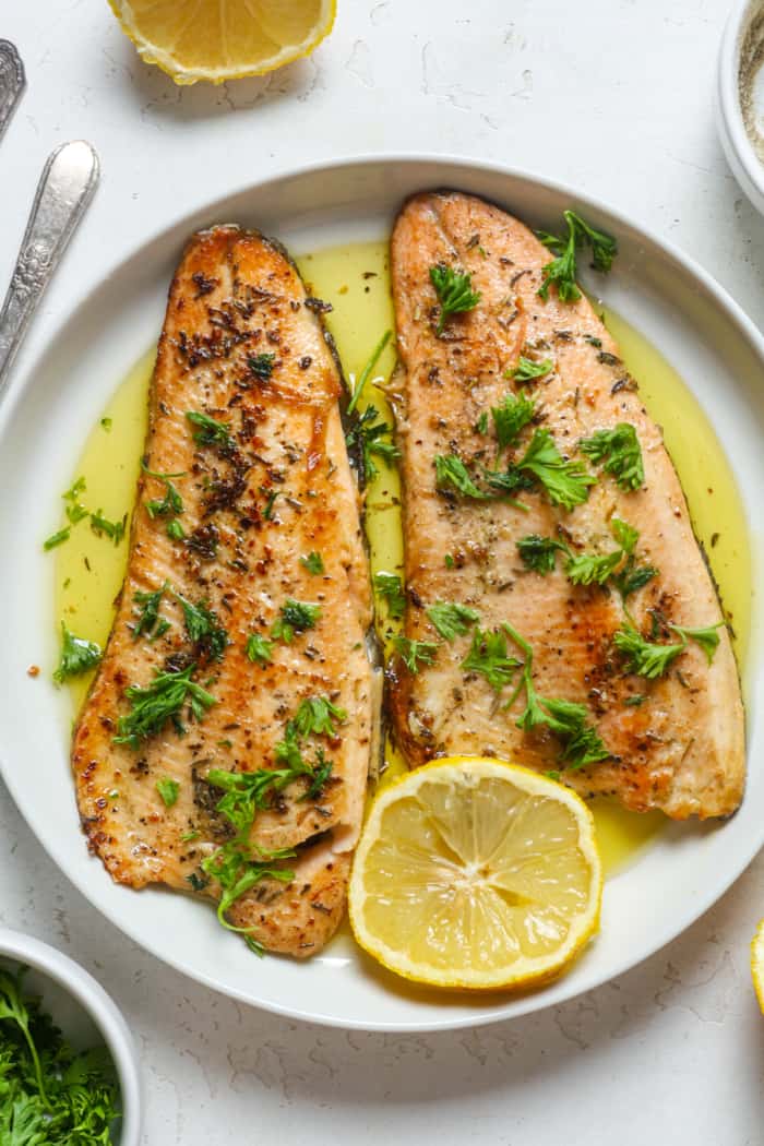 Healthy trout with garlic sauce.