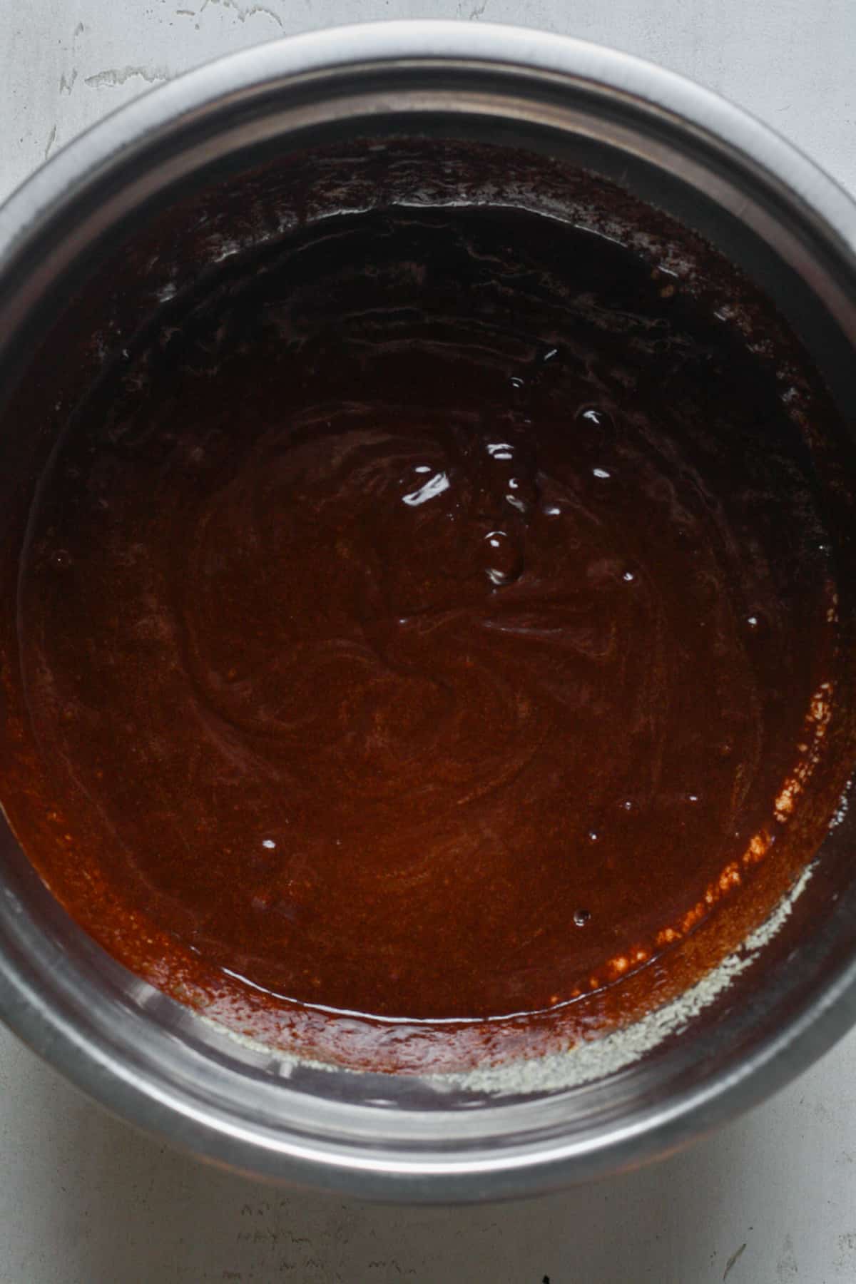 Bowl of smooth brownie batter.