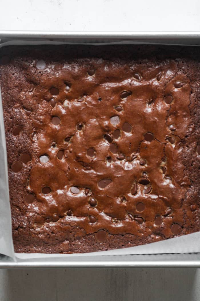 Baked brownies in pan.
