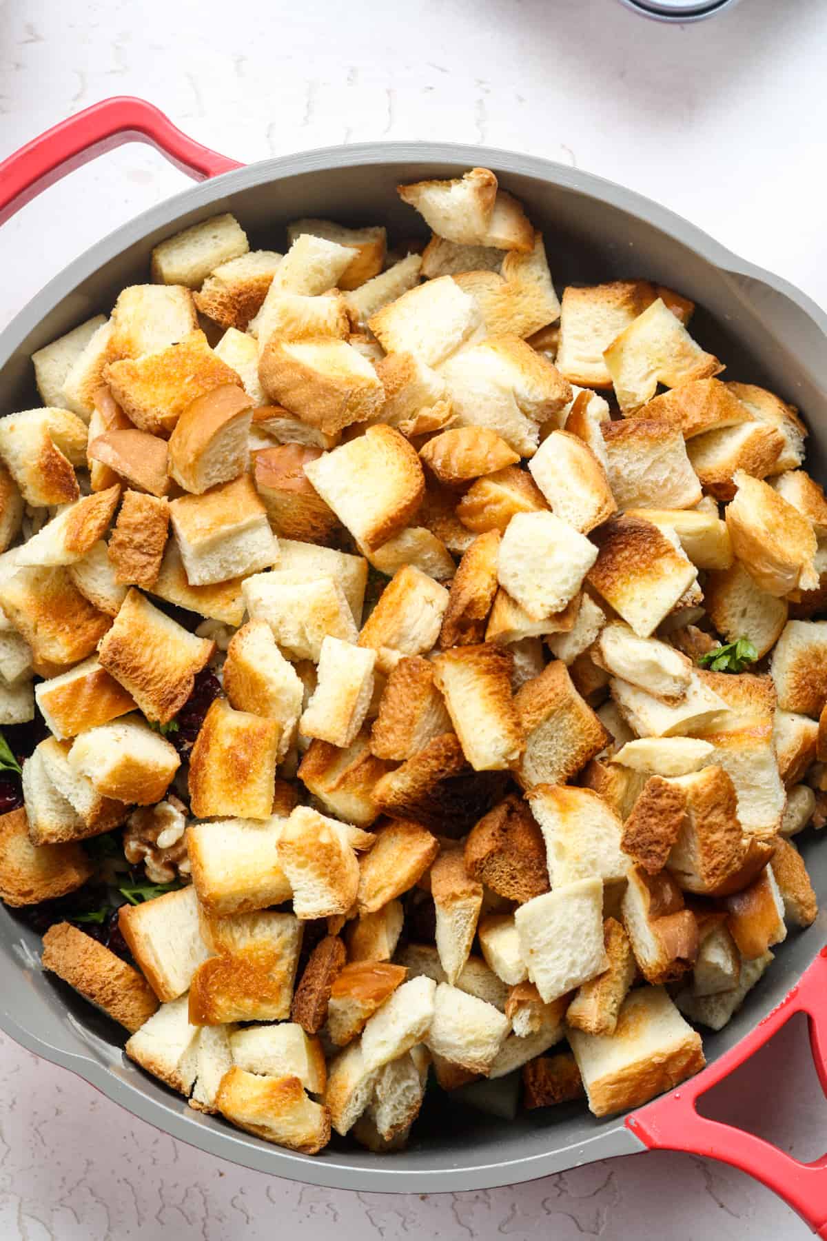 Croutons in pan.