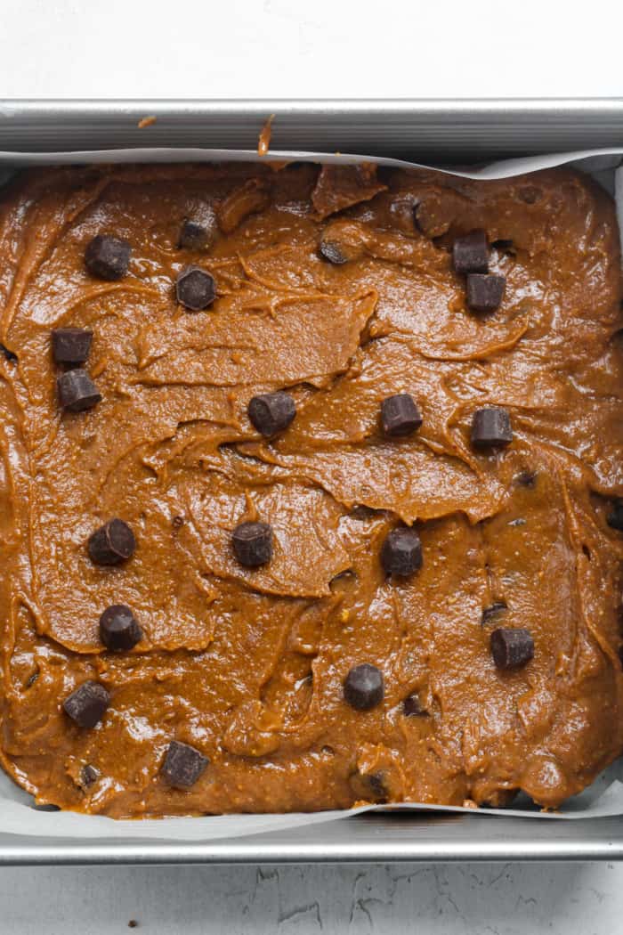 Chocolate chip batter in pan.
