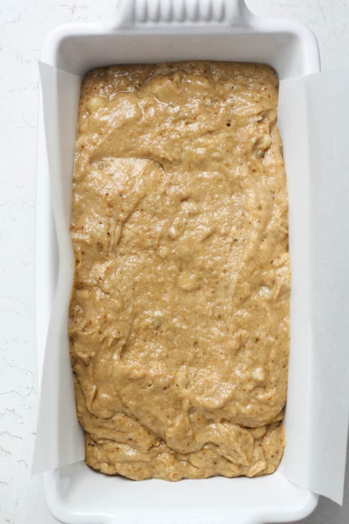 Raw batter in loaf pan.