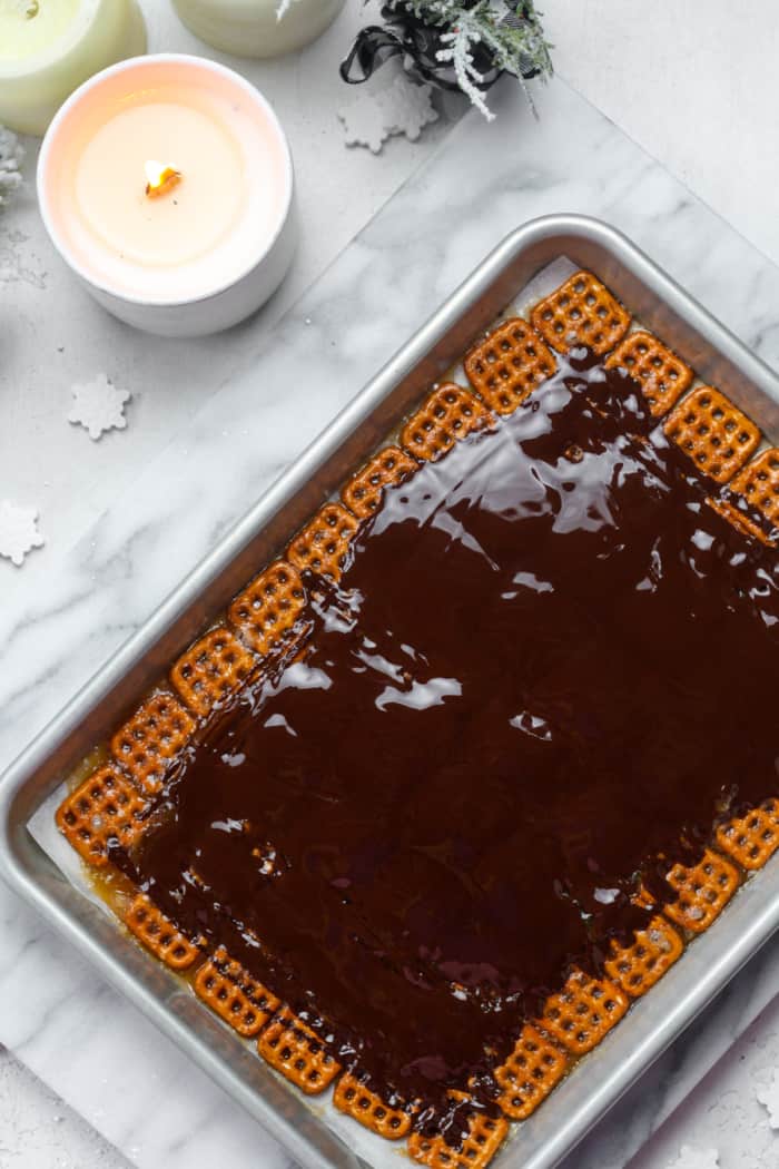 Chocolate spread on pan.
