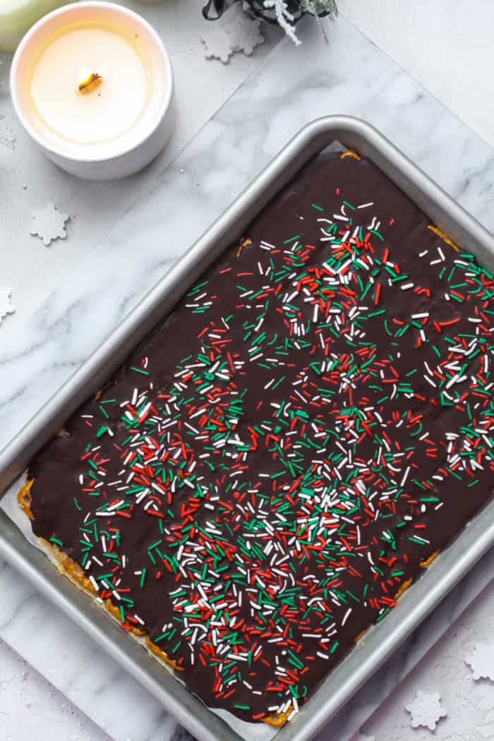 Chocolate covered pretzels in pan.