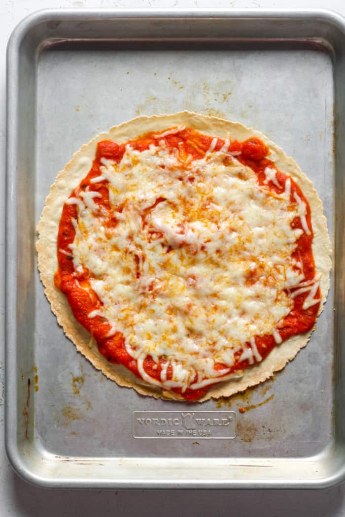 Baked pizza on pan.