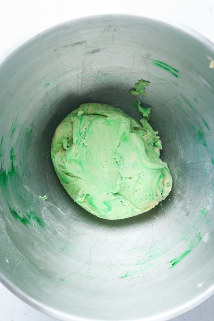 Green dough in bowl.