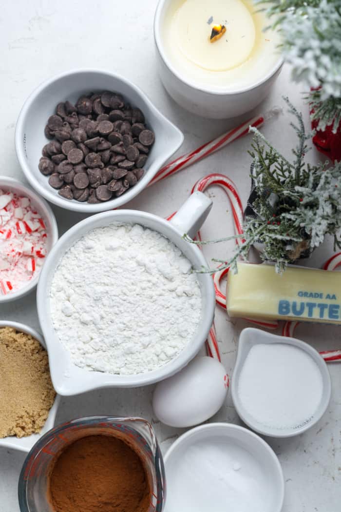 Ingredients for chocolate peppermint cookies.