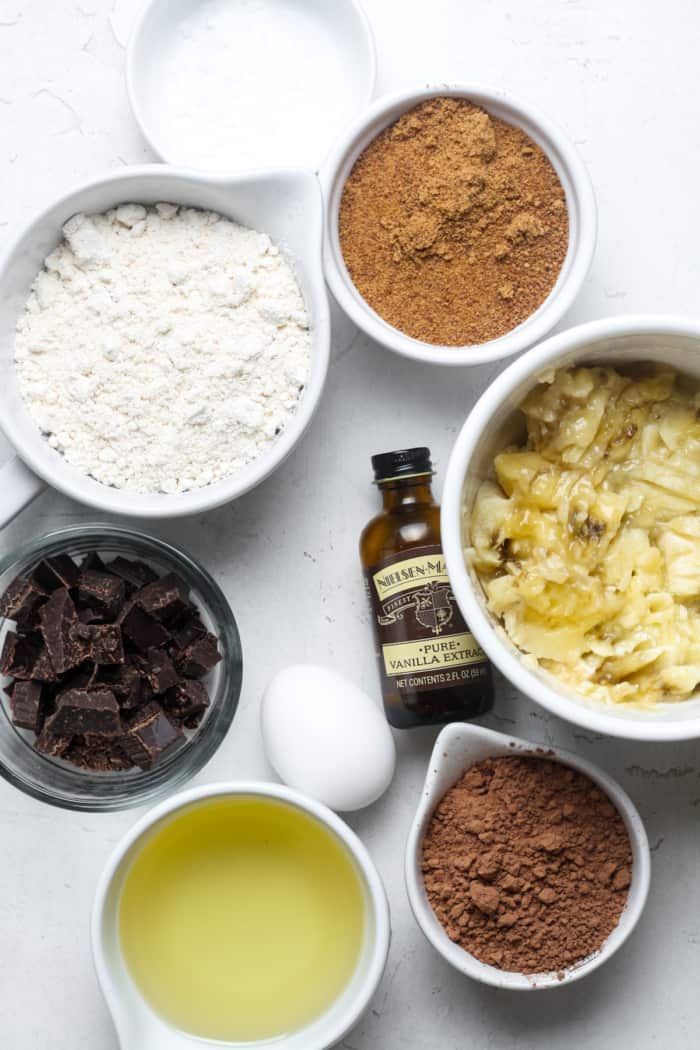 Ingredients for chocolate banana bread.