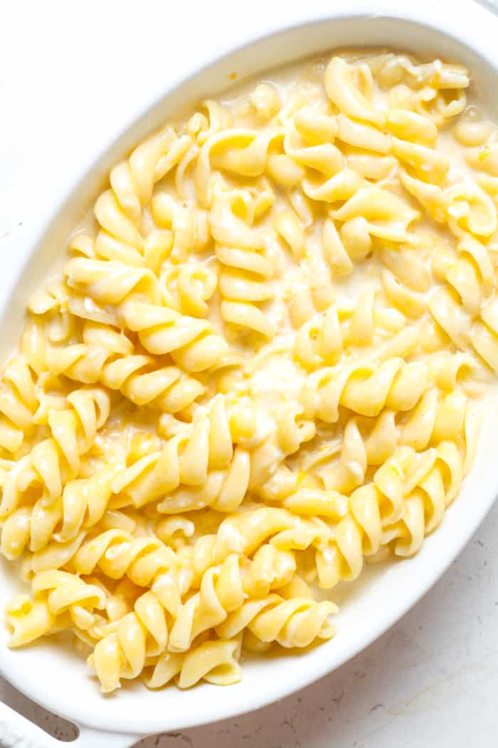 Gluten free pasta in dish.