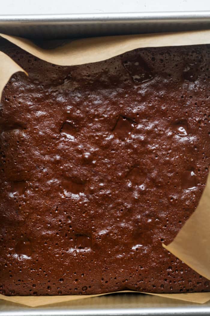 Baked brownies in pan.