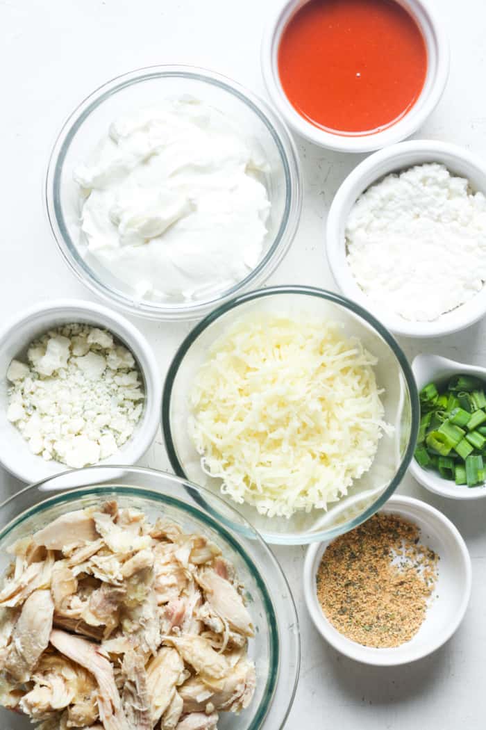 Ingredients for healthy buffalo chicken dip.
