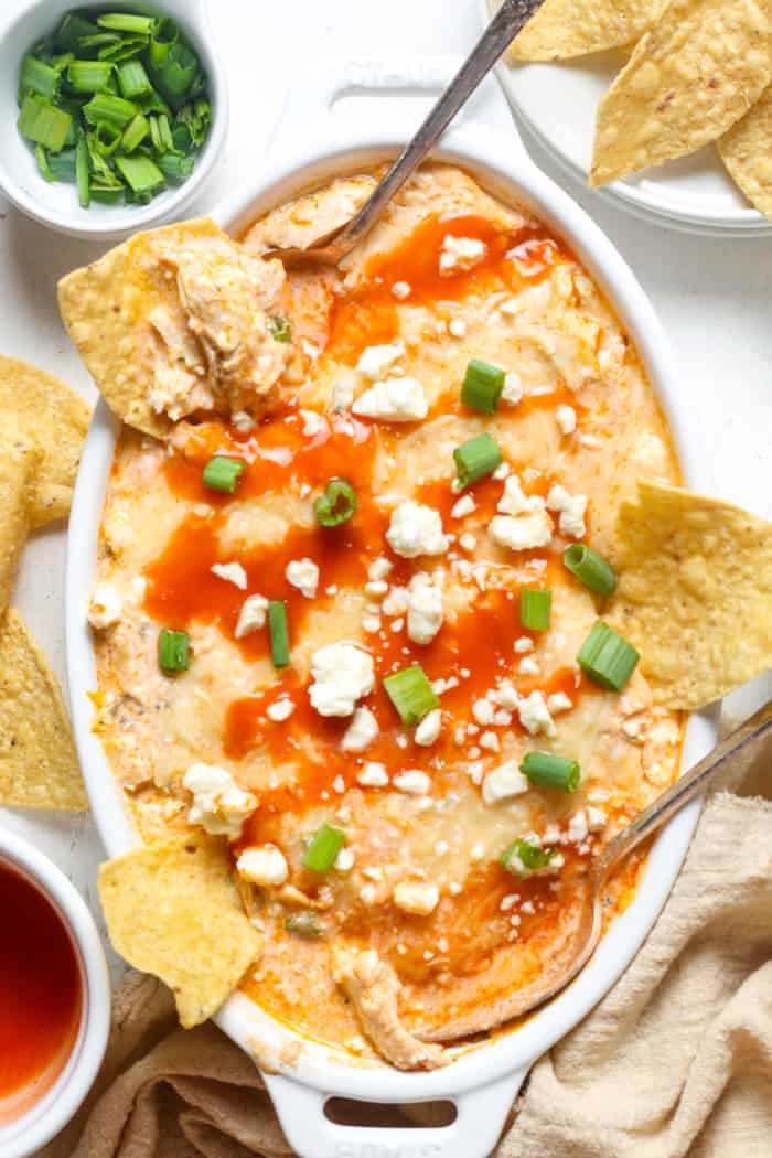 Buffalo chicken dip with chips.
