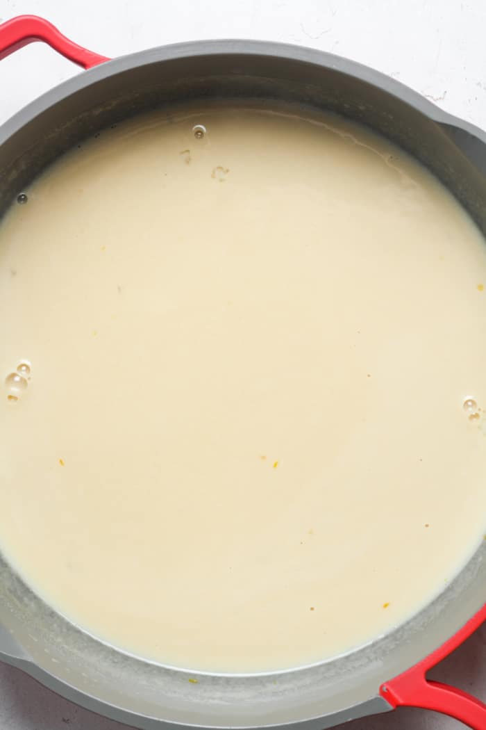 Creamy mixture in pan.