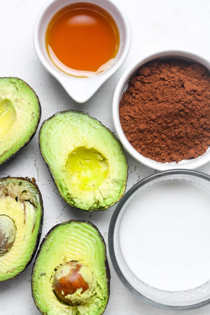 Ingredients for avocado chocolate pudding.