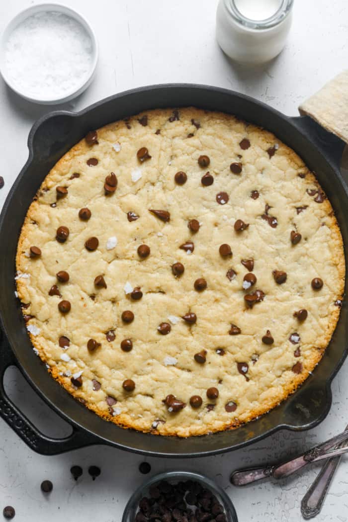 Chocolate chip cookie in skillet.