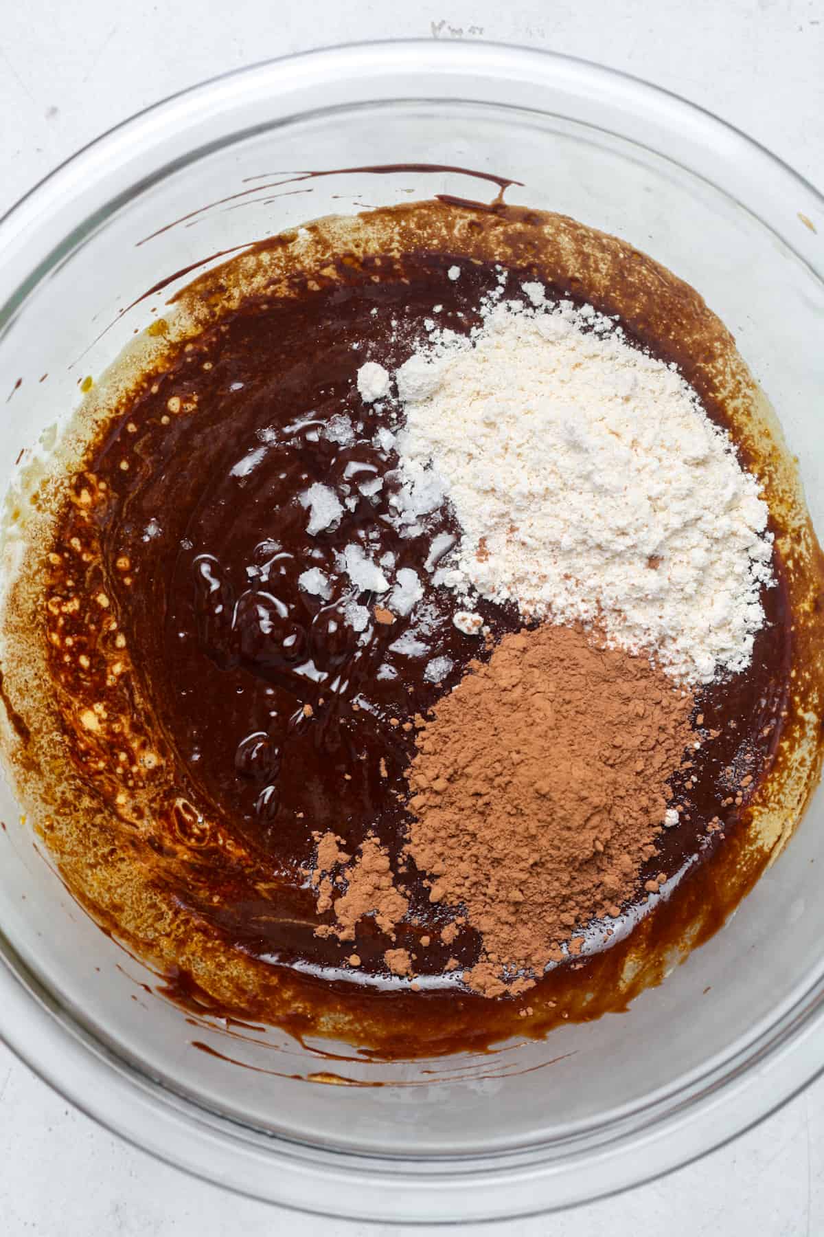 Flour and cocoa powder in bowl.