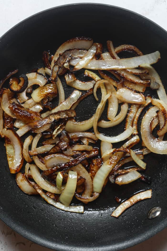 Caramelized onions in pan.