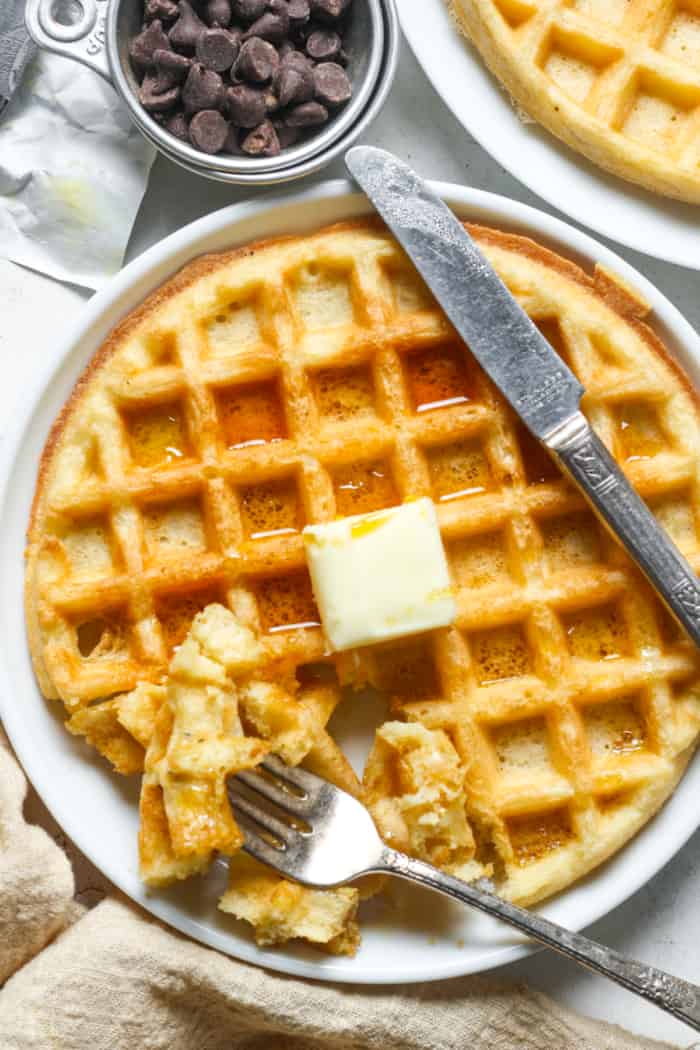 Breakfast waffle with syrup.