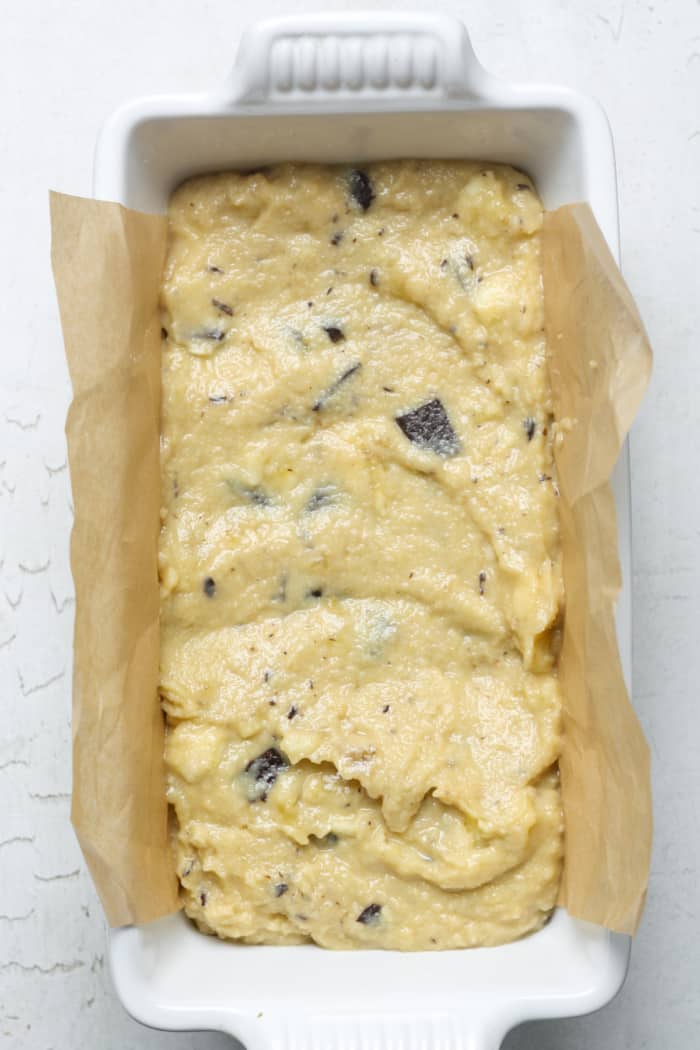 Raw batter in loaf pan.