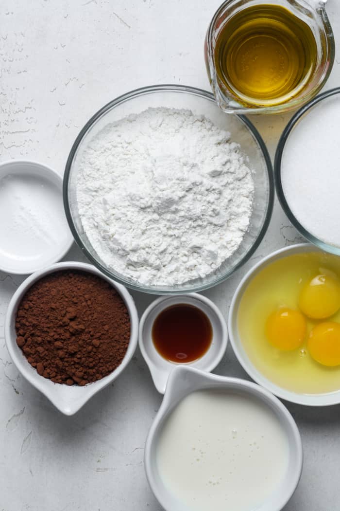 Ingredients for gluten free chocolate cake.