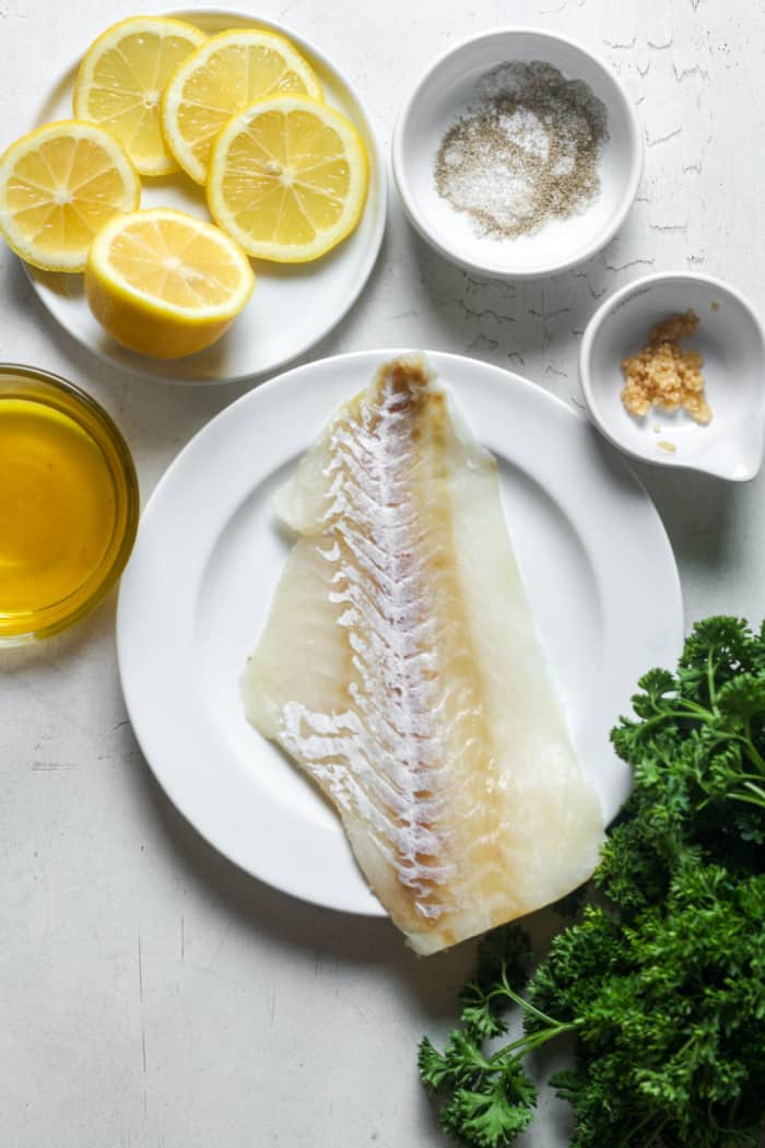 Ingredients for baked cod recipe.