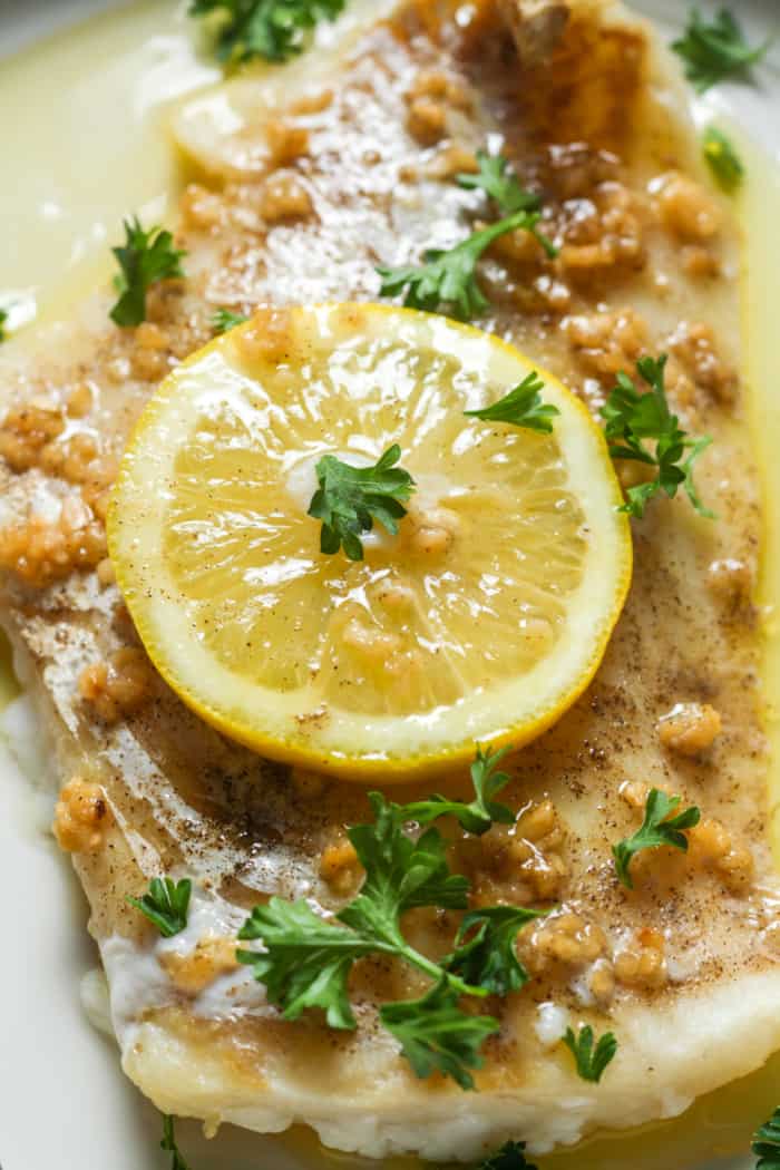Fish with garlic butter sauce.