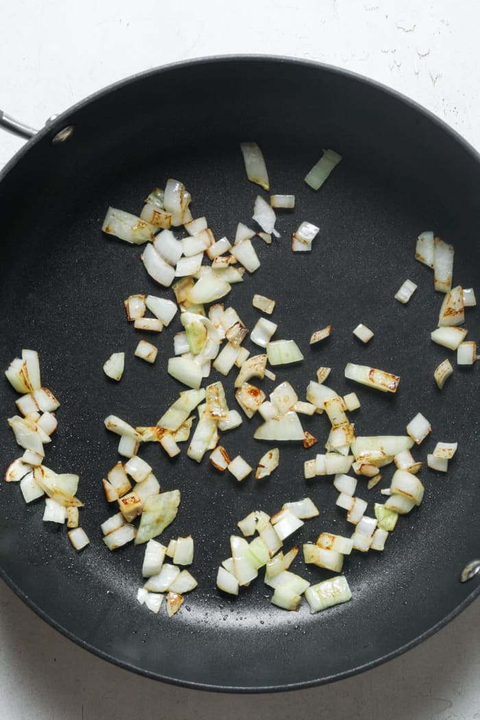 Diced onions in skillet.