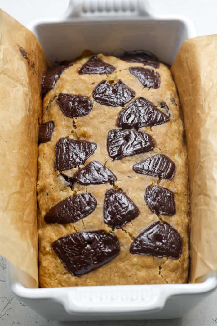 Baked bread with chocolate chunks.