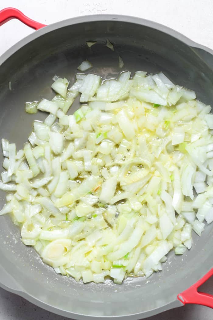 Chopped onions in skillet.