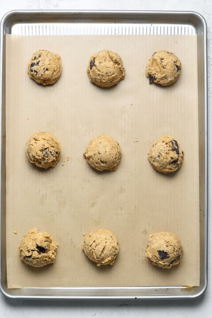 Dough balls on cookie sheet.