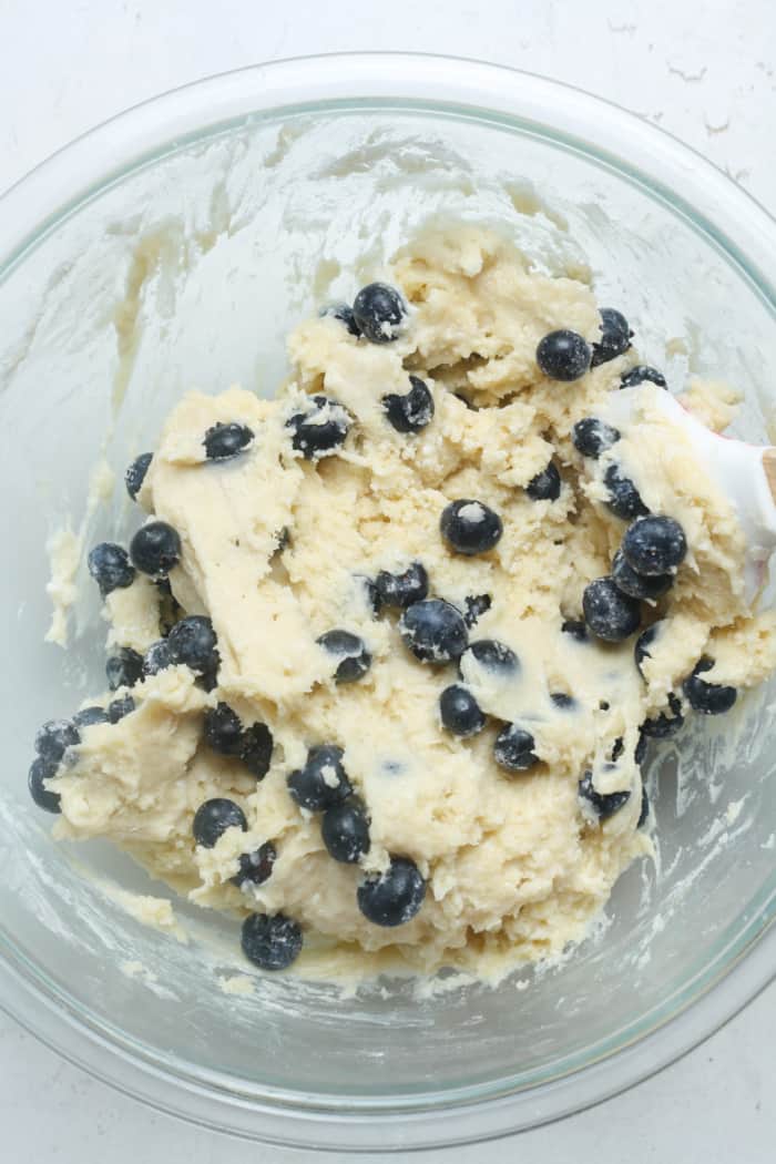 Cake batter with blueberries.