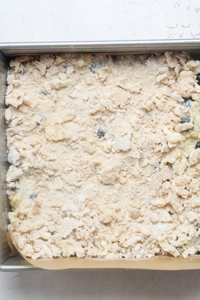 Streusel topping on square pan.