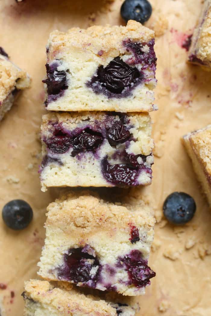 Stack of blueberry coffee cake.