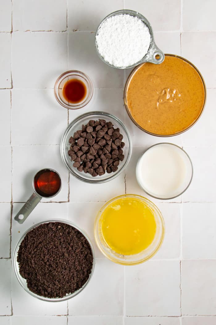 Ingredients for chocolate peanut butter pie.