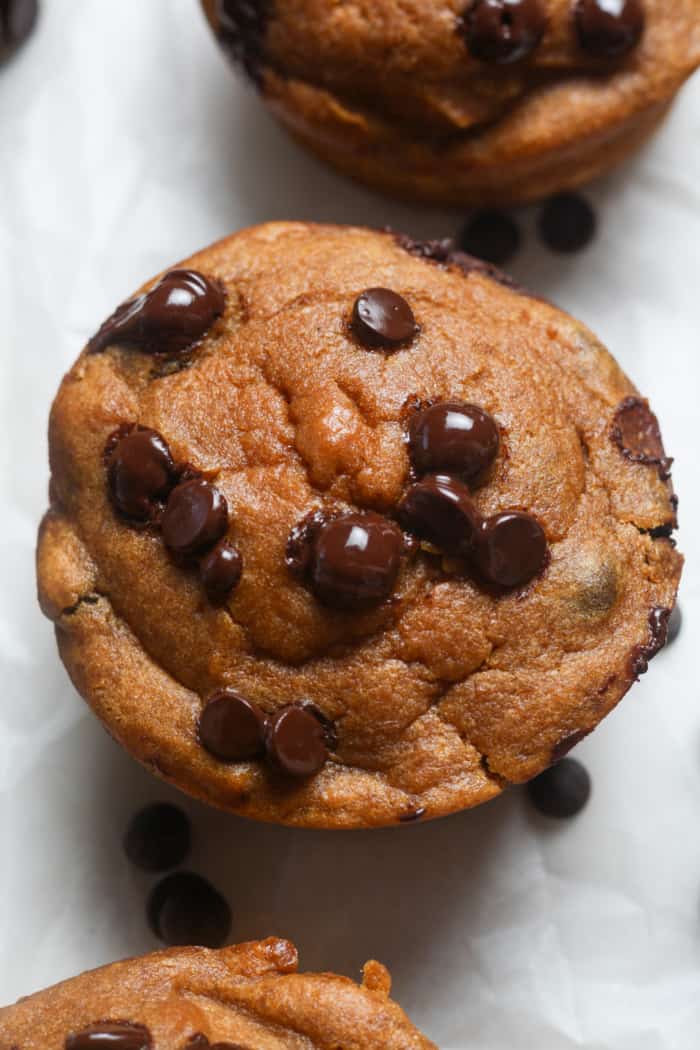 Gooey healthy chocolate chip muffins.