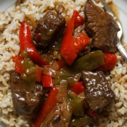 Beef tips and rice.