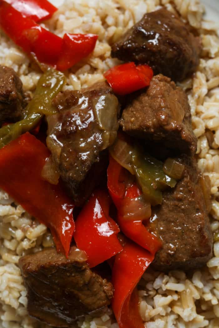 Chunks of beef with peppers.