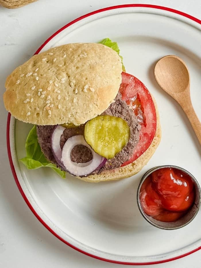 Burger plate with ketchup.