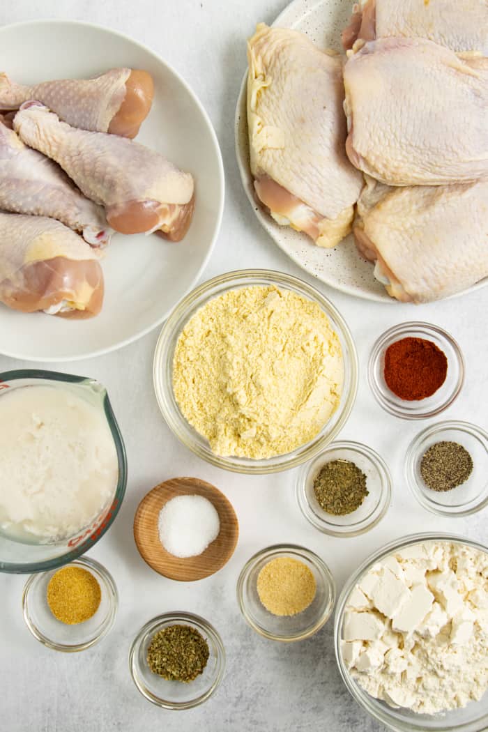 Ingredients for gluten free fried chicken.